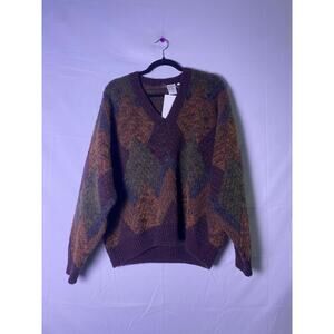 Vintage Maroon Orange Knit Wool V-neck Pullover Sweater Men's Size Large